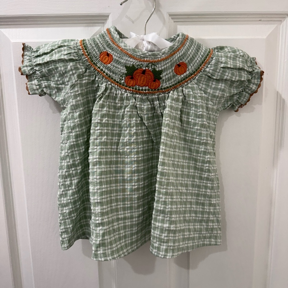 LIL CACTUS Green Plaid Kids Shirt/Dress with Pumpkin Embroidery Halloween Fall